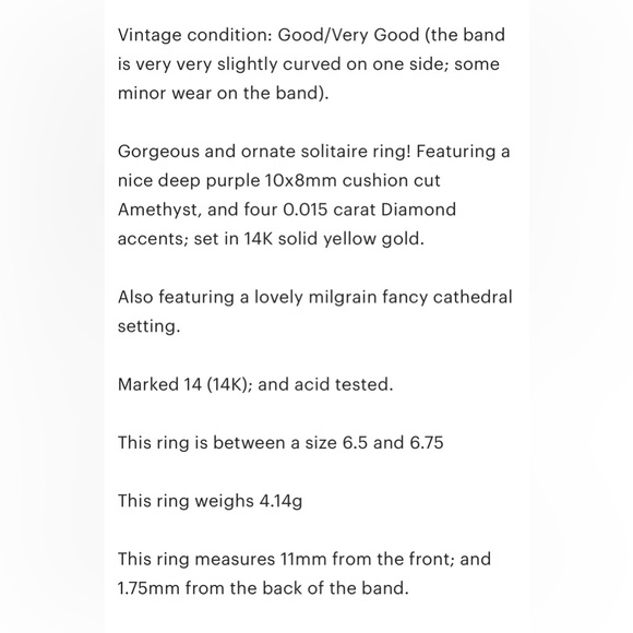 14K Amethyst Diamond Solitaire Ring: Dark Cushion Cut Elegant Milgrain Size 6.5 - Picture 8 of 14